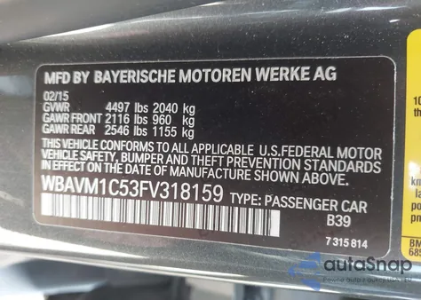 2015 BMW X1 Sdrive28I z USA, uszkodzony, nr VIN WBAVM1C53FV318159